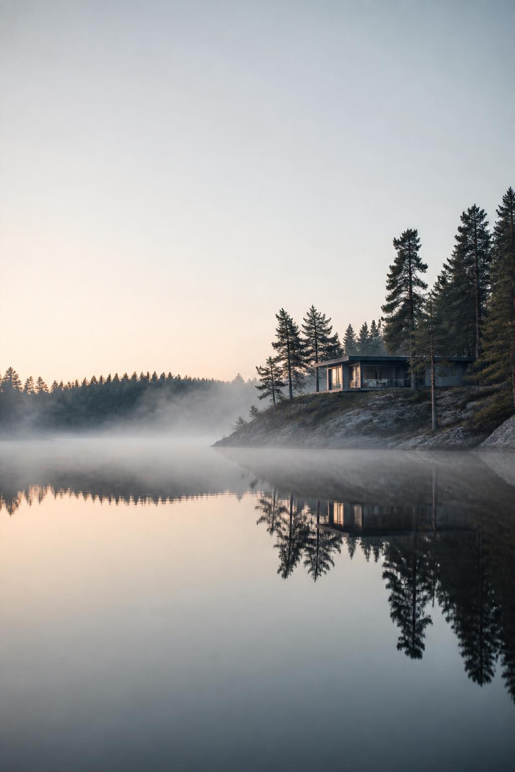 Still Swedish lake at dawn with mist rising over the water