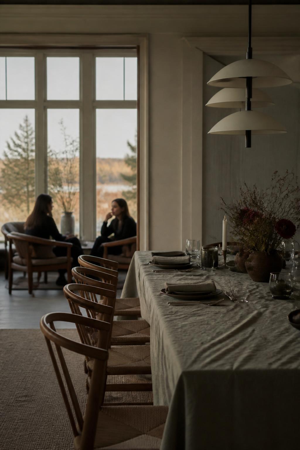 Nordic dining room with a long linen table and two figures in conversation by a window