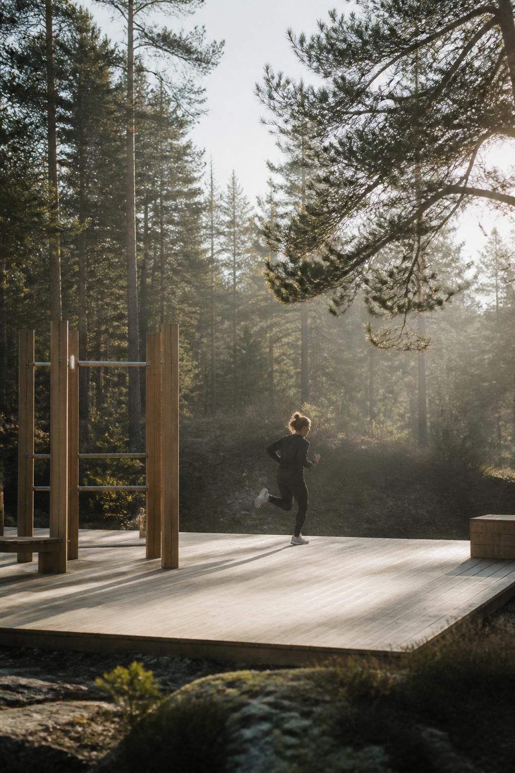 Outdoor wooden training platform set among Swedish pine forest in morning light
