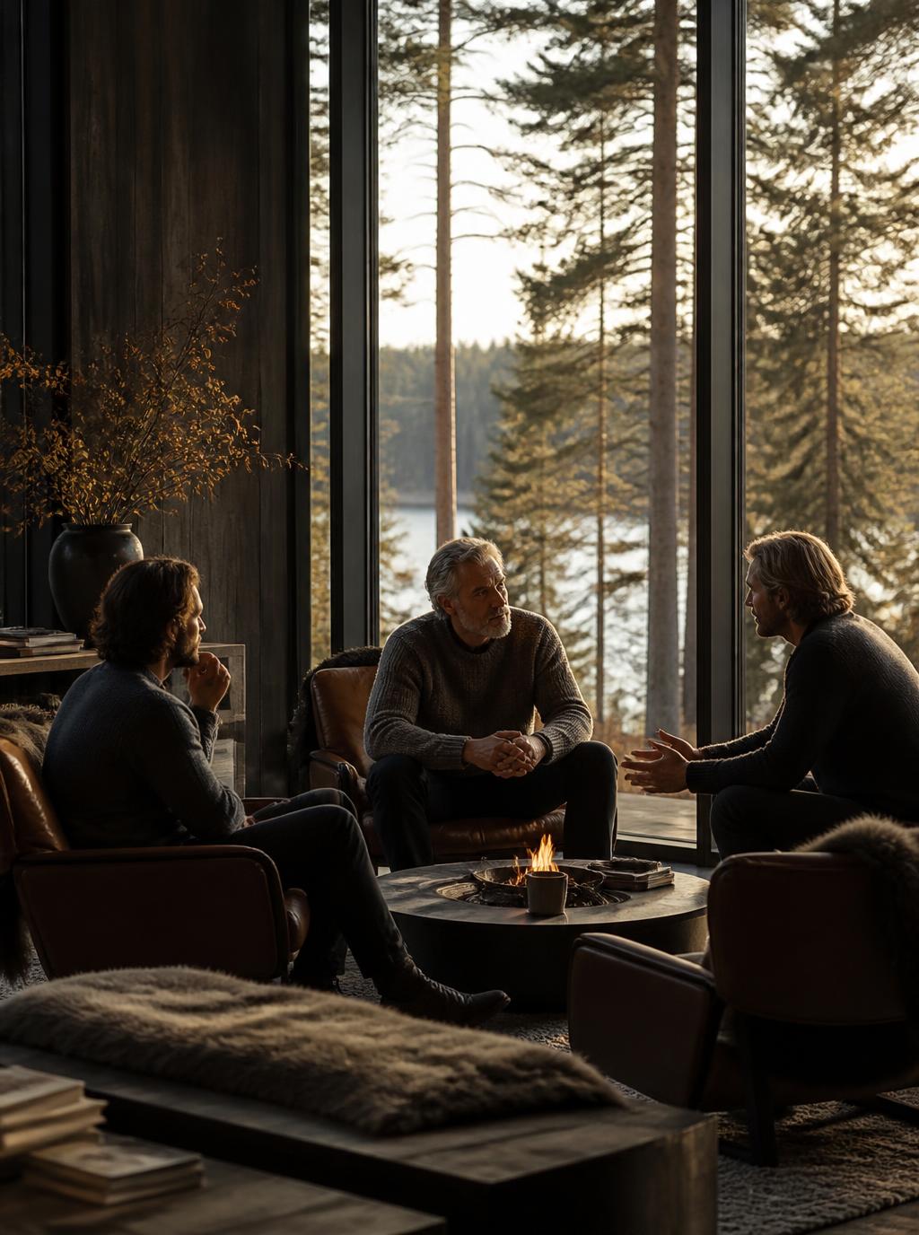 Three men in conversation in a Nordic lounge with a fire and forest view