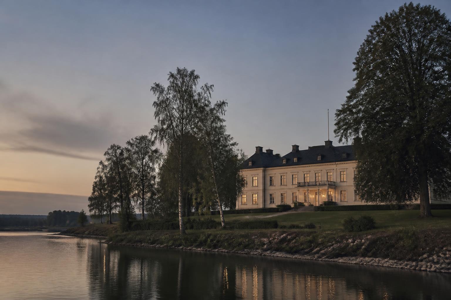 Stately Swedish manor estate at dusk overlooking a calm lake