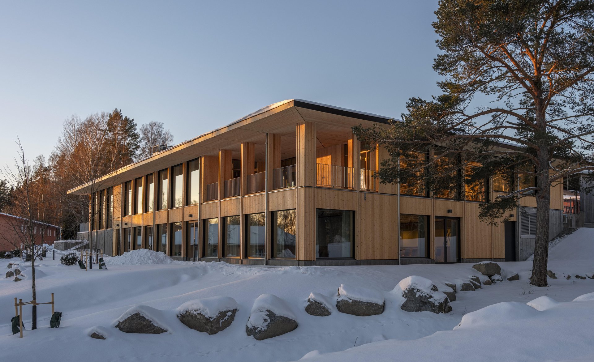 Modern timber building at Campus Kämpasten in Sigtuna, photographed in winter light