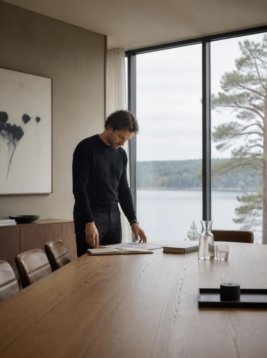 Man reviewing notes in a refined Nordic boardroom overlooking a lake