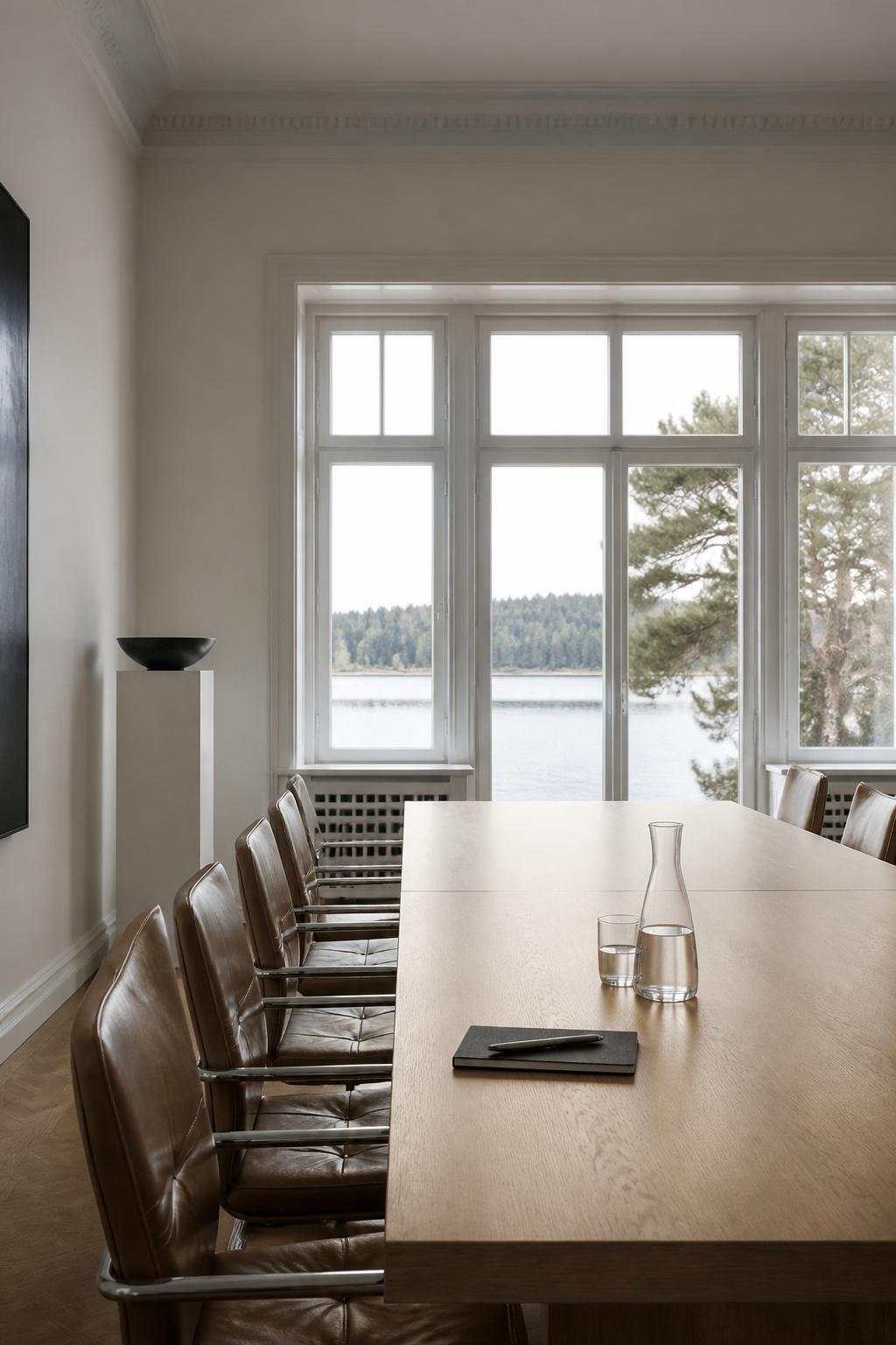 Refined Nordic conference room with a long oak table and tall windows overlooking a lake