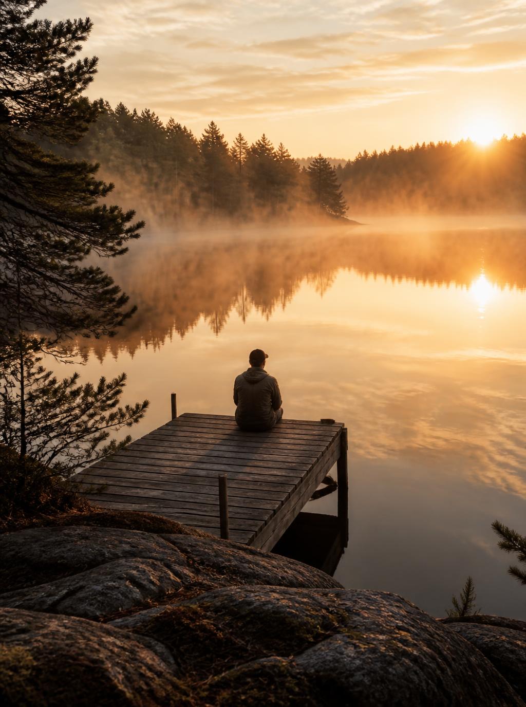 Man sitting on a wooden dock at sunrise over a still Swedish lake