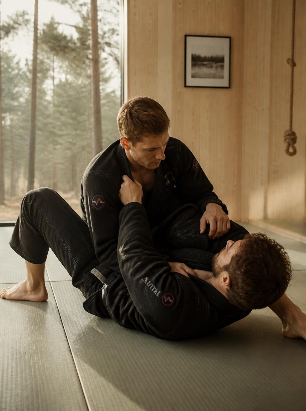 Two men practicing grappling in a Nordic wood training space with forest light
